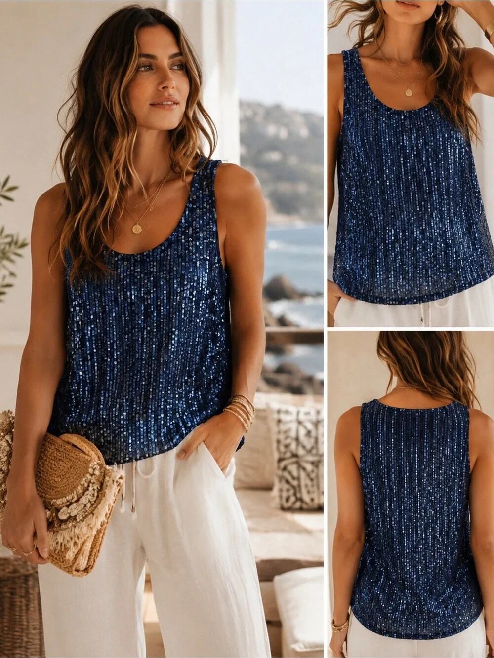 Calypso St. Barth Sequin Blue Tank Top Blouse Sleeveless Round Neck Silk Blend M